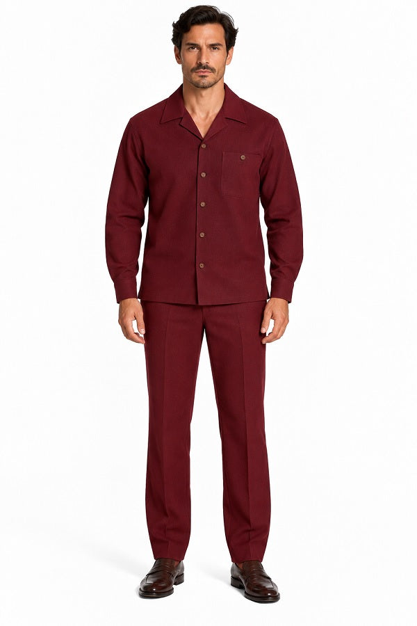 Mens Burgundy Casual Dressy Walking Suit – Long-Sleeve Shirt & Matching Pants