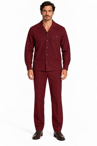 Mens Burgundy Casual Dressy Walking Suit – Long-Sleeve Shirt & Matching Pants
