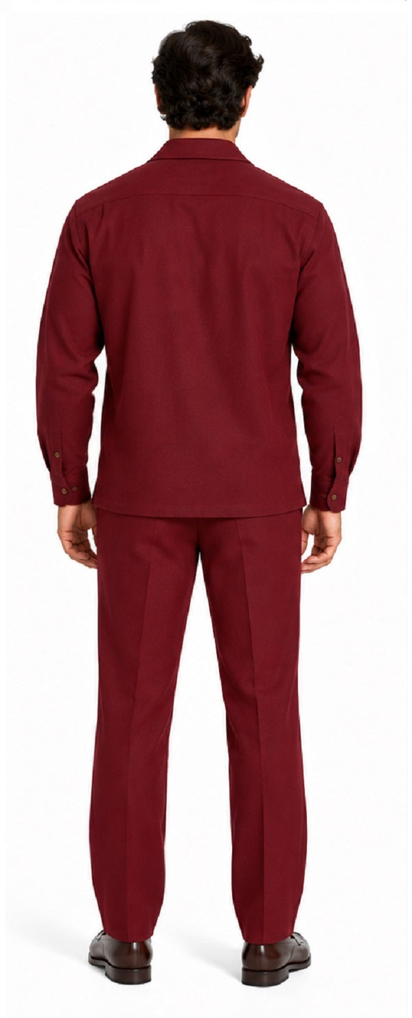 Mens Burgundy Casual Dressy Walking Suit – Long-Sleeve Shirt & Matching Pants