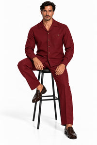 Mens Burgundy Casual Dressy Walking Suit – Long-Sleeve Shirt & Matching Pants