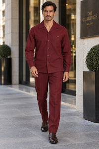 Mens Burgundy Casual Dressy Walking Suit – Long-Sleeve Shirt & Matching Pants
