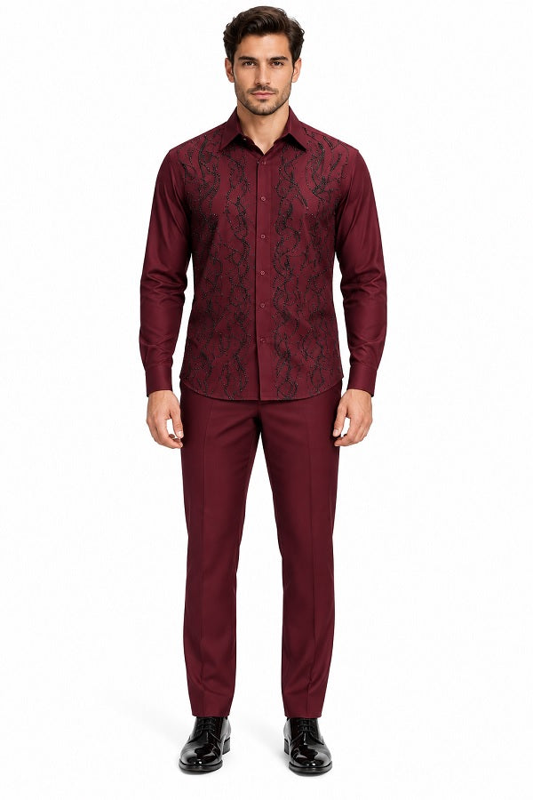 Mens Burgundy Shadow Vine Walking Suit – Statement Shirt & Matching Pants