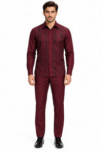 Mens Burgundy Shadow Vine Walking Suit – Statement Shirt & Matching Pants