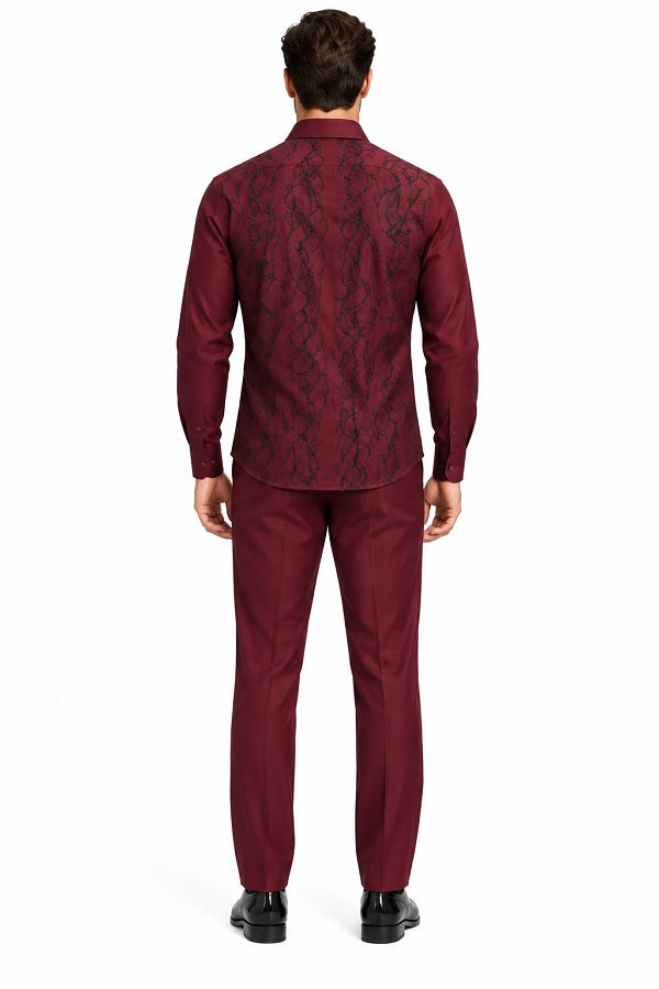 Mens Burgundy Shadow Vine Walking Suit – Statement Shirt & Matching Pants