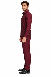 Mens Burgundy Shadow Vine Walking Suit – Statement Shirt & Matching Pants