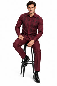 Mens Burgundy Shadow Vine Walking Suit – Statement Shirt & Matching Pants