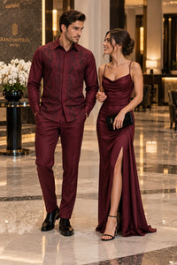 Mens Burgundy Shadow Vine Walking Suit – Statement Shirt & Matching Pants