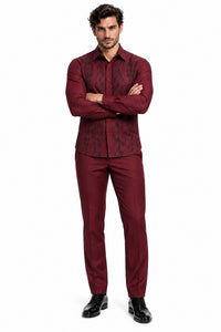 Mens Burgundy Shadow Vine Walking Suit – Statement Shirt & Matching Pants
