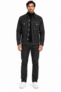 Mens Charcoal Black Denim Heritage Walking Suit – Contrast Stitch Shirt Jacket & Matching Pants