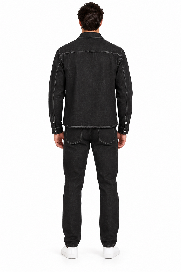 Mens Charcoal Black Denim Heritage Walking Suit – Contrast Stitch Shirt Jacket & Matching Pants