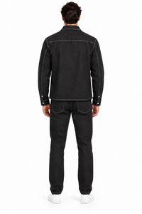 Mens Charcoal Black Denim Heritage Walking Suit – Contrast Stitch Shirt Jacket & Matching Pants