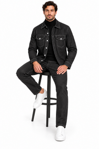 Mens Charcoal Black Denim Heritage Walking Suit – Contrast Stitch Shirt Jacket & Matching Pants