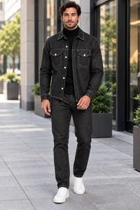 Mens Charcoal Black Denim Heritage Walking Suit – Contrast Stitch Shirt Jacket & Matching Pants