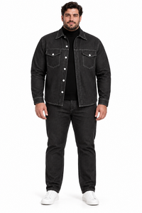 Mens Charcoal Black Denim Heritage Walking Suit – Contrast Stitch Shirt Jacket & Matching Pants