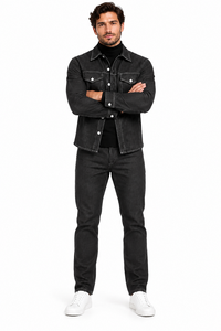 Mens Charcoal Black Denim Heritage Walking Suit – Contrast Stitch Shirt Jacket & Matching Pants