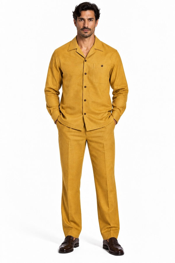 Mens Gold Casual Dressy Walking Suit – Long-Sleeve Shirt & Matching Pants