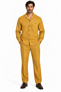 Mens Gold Casual Dressy Walking Suit – Long-Sleeve Shirt & Matching Pants