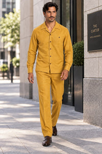 Mens Gold Casual Dressy Walking Suit – Long-Sleeve Shirt & Matching Pants