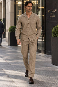 Mens Heather Luggage Casual Dressy Walking Suit – Long-Sleeve Shirt & Matching Pants