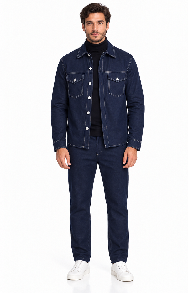 Mens Midnight Navy Denim Walking Suit – Contrast Stitch Jacket & Matching Pants