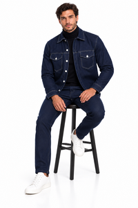 Mens Midnight Navy Denim Walking Suit – Contrast Stitch Jacket & Matching Pants