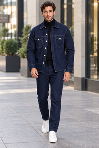 Mens Midnight Navy Denim Walking Suit – Contrast Stitch Jacket & Matching Pants