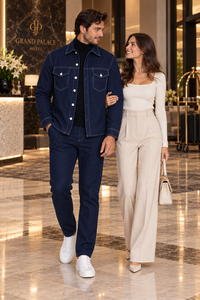 Mens Midnight Navy Denim Walking Suit – Contrast Stitch Jacket & Matching Pants