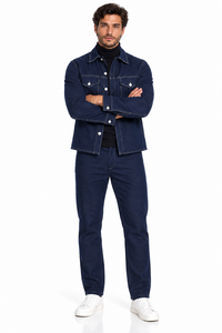 Mens Midnight Navy Denim Walking Suit – Contrast Stitch Jacket & Matching Pants