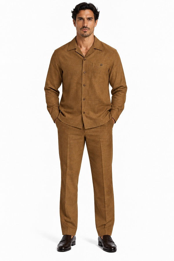 Mens Luggage Brown Casual Dressy Walking Suit – Long-Sleeve Shirt & Matching Pants
