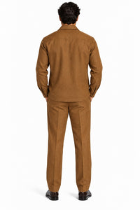Mens Luggage Brown Casual Dressy Walking Suit – Long-Sleeve Shirt & Matching Pants