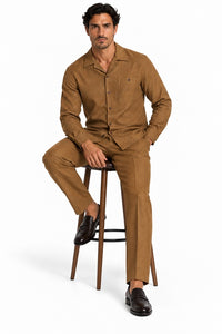 Mens Luggage Brown Casual Dressy Walking Suit – Long-Sleeve Shirt & Matching Pants