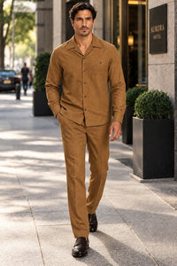 Mens Luggage Brown Casual Dressy Walking Suit – Long-Sleeve Shirt & Matching Pants