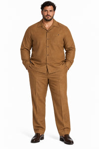 Mens Luggage Brown Casual Dressy Walking Suit – Long-Sleeve Shirt & Matching Pants