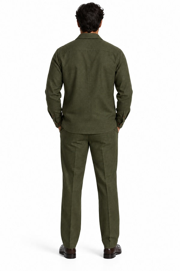 Mens Olive Drab (OD) Casual Dressy Walking Suit – Long-Sleeve Shirt & Matching Pants