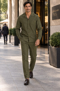 Mens Olive Drab (OD) Casual Dressy Walking Suit – Long-Sleeve Shirt & Matching Pants