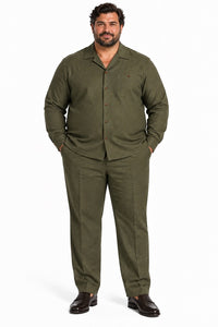 Mens Olive Drab (OD) Casual Dressy Walking Suit – Long-Sleeve Shirt & Matching Pants