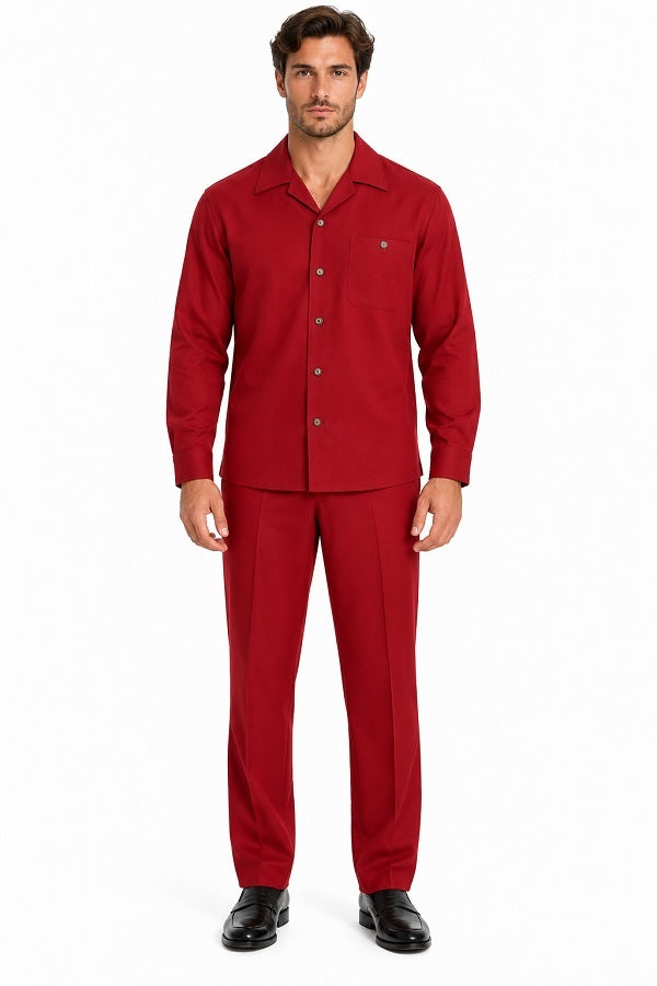 Mens Crimson Red Classic Walking Suit – Long-Sleeve Shirt & Matching Pants