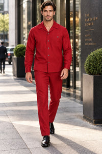 Mens Crimson Red Classic Walking Suit – Long-Sleeve Shirt & Matching Pants