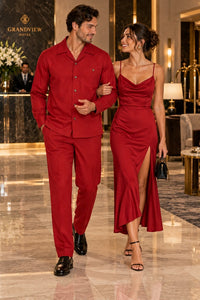 Mens Crimson Red Classic Walking Suit – Long-Sleeve Shirt & Matching Pants