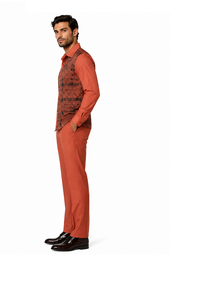 Mens Rust Geo-Elegance Walking Suit – Patterned Long Sleeve Shirt & Matching Pants Set