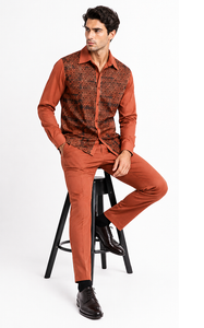 Mens Rust Geo-Elegance Walking Suit – Patterned Long Sleeve Shirt & Matching Pants Set