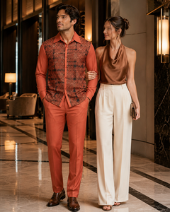 Mens Rust Geo-Elegance Walking Suit – Patterned Long Sleeve Shirt & Matching Pants Set