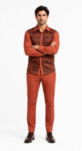 Mens Rust Geo-Elegance Walking Suit – Patterned Long Sleeve Shirt & Matching Pants Set