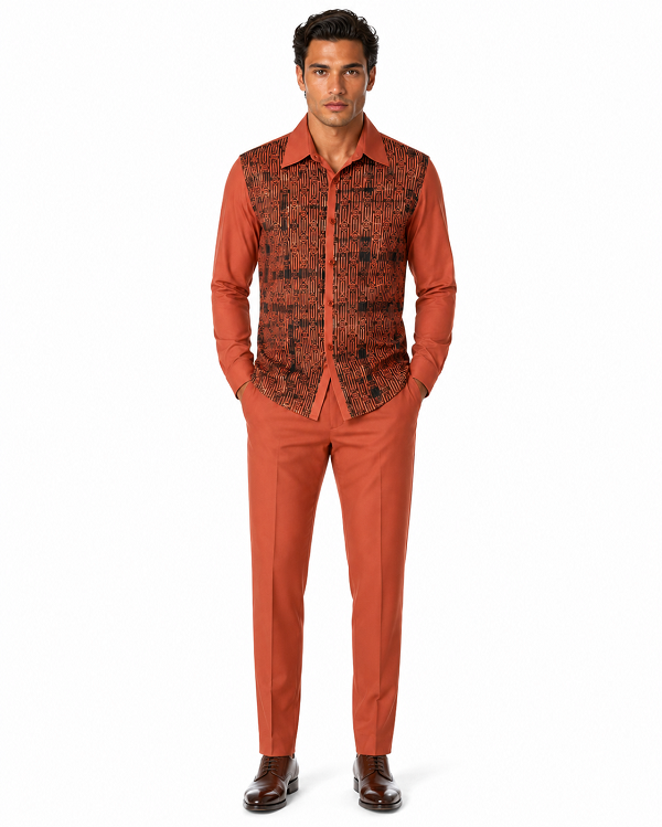 Mens Rust Geo-Elegance Walking Suit – Patterned Long Sleeve Shirt & Matching Pants Set