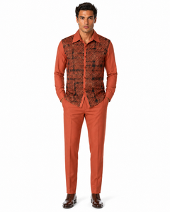 Mens Rust Geo-Elegance Walking Suit – Patterned Long Sleeve Shirt & Matching Pants Set