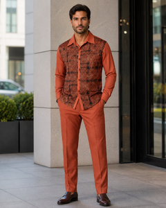 Mens Rust Geo-Elegance Walking Suit – Patterned Long Sleeve Shirt & Matching Pants Set