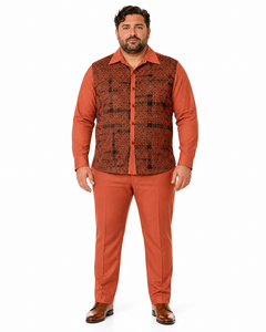 Mens Rust Geo-Elegance Walking Suit – Patterned Long Sleeve Shirt & Matching Pants Set