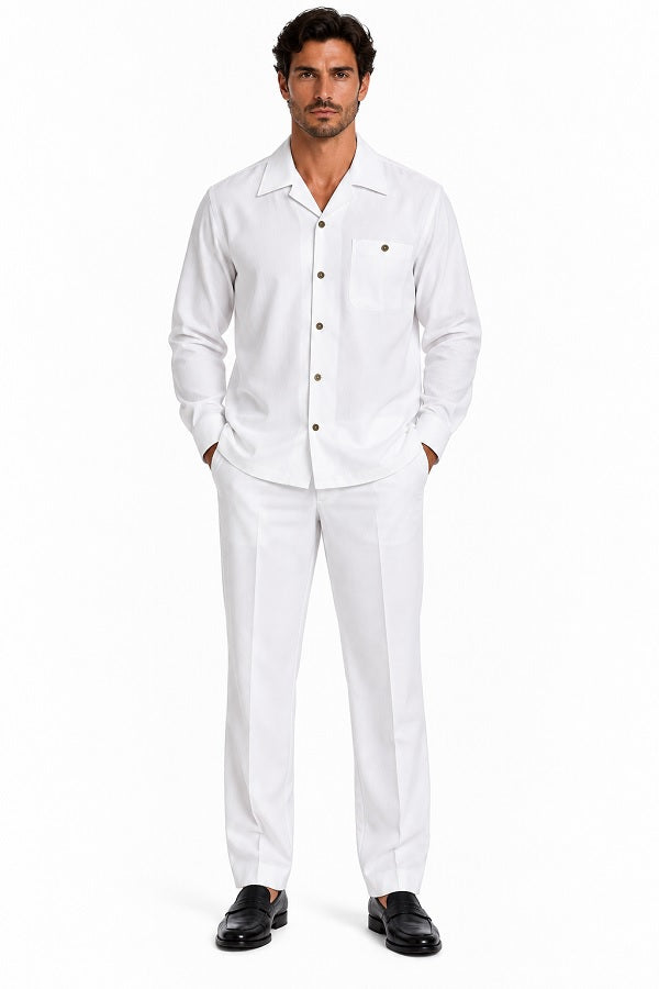 Mens Pure White Signature Walking Suit – Long-Sleeve Shirt & Matching Pants