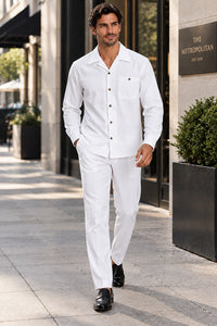 Mens Pure White Signature Walking Suit – Long-Sleeve Shirt & Matching Pants