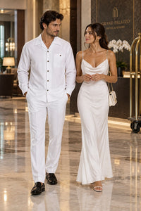 Mens Pure White Signature Walking Suit – Long-Sleeve Shirt & Matching Pants
